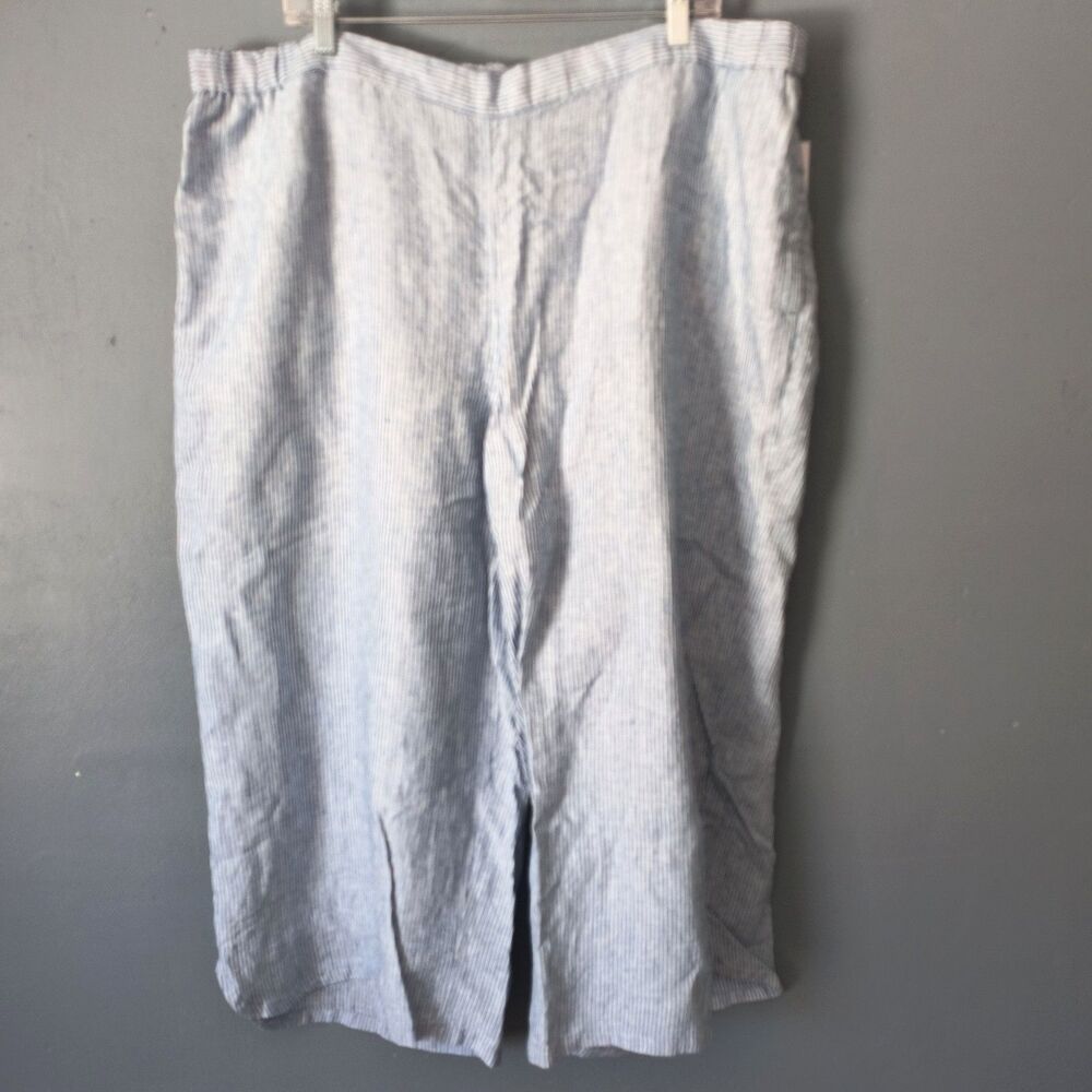 Coldwater Creek Crop Pants NEW 24W Blue White Striped Linen Wide Leg Coastal
